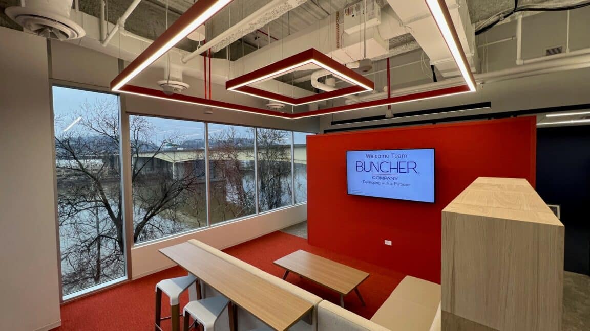 A look at a location employees can go to look at content together on a large screen